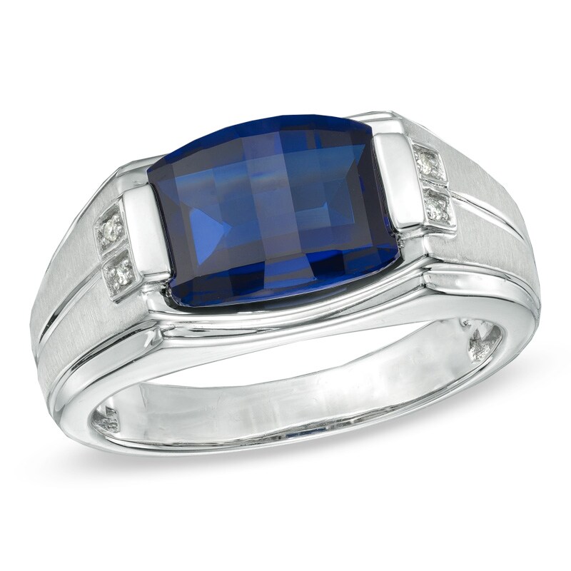 Main Image 1 of Barrel-Shaped Lab-Created Blue Sapphire and Diamond Accent Ring in Sterling Silver