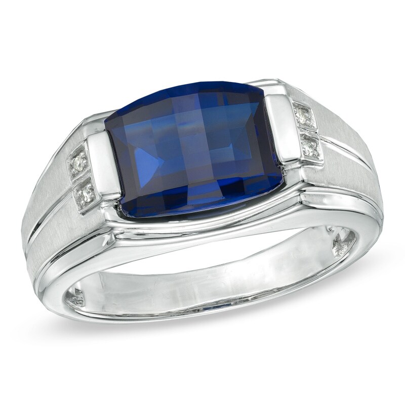 Men's Barrel-Shaped Lab-Created Blue Sapphire and Diamond Accent Ring in Sterling Silver