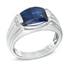 Thumbnail Image 1 of Men's Barrel-Shaped Lab-Created Blue Sapphire and Diamond Accent Ring in Sterling Silver