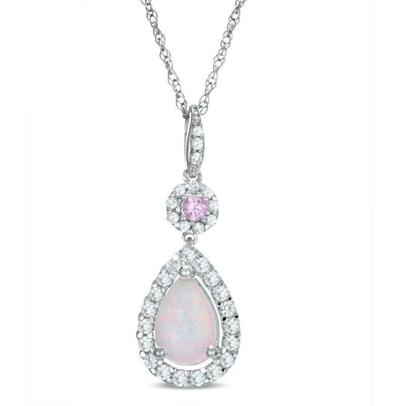 Main Image 1 of Pear-Shaped Lab-Created Opal and Pink and White Sapphire Pendant in Sterling Silver