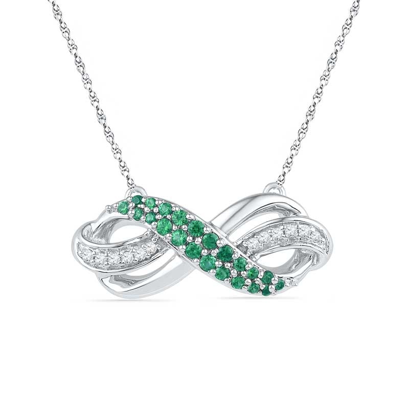 Main Image 1 of Lab-Created Emerald and 1/20 CT. T.W. Diamond Infinity Loop Necklace in Sterling Silver