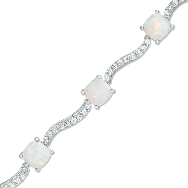 Main Image 1 of Cushion-Cut Lab-Created Opal and White Sapphire Wave Bracelet in Sterling Silver - 7.25"