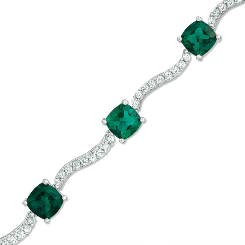 Main Image 1 of Cushion-Cut Lab-Created Emerald and White Sapphire Wave Bracelet in Sterling Silver - 7.25"