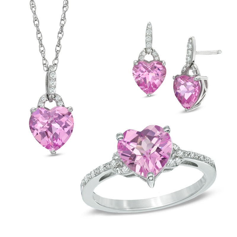 Lab-Created Pink and White Sapphire Pendant, Ring and Earrings Set in Sterling Silver - Size 7