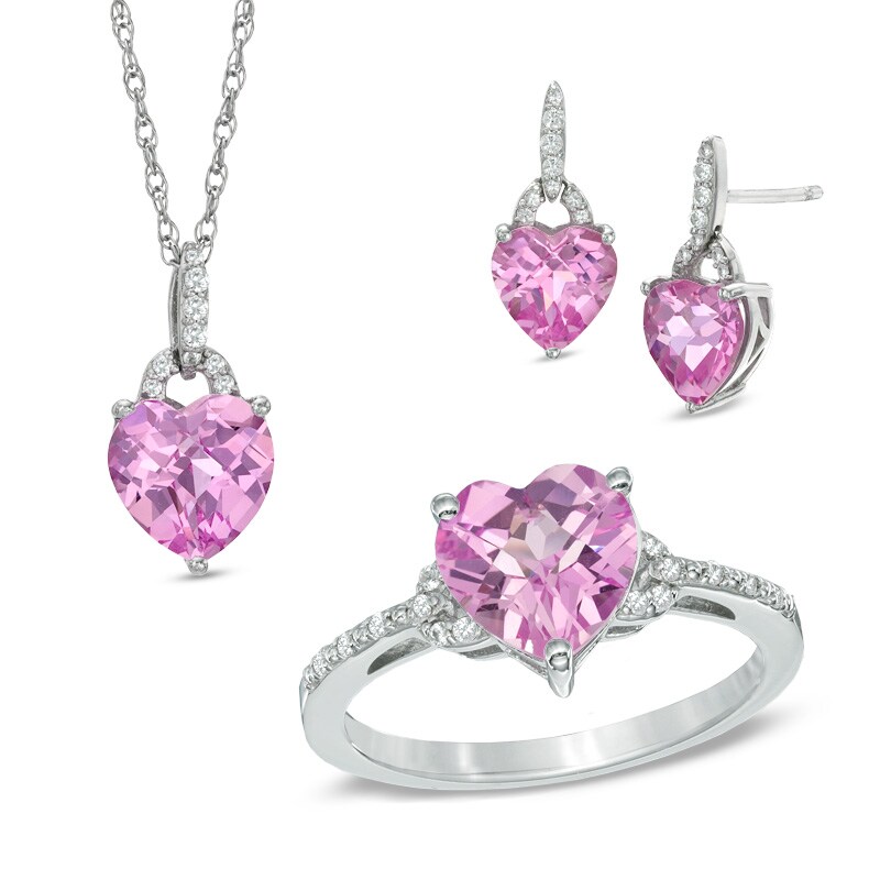 Main Image 1 of Lab-Created Pink and White Sapphire Pendant, Ring and Earrings Set in Sterling Silver - Size 7