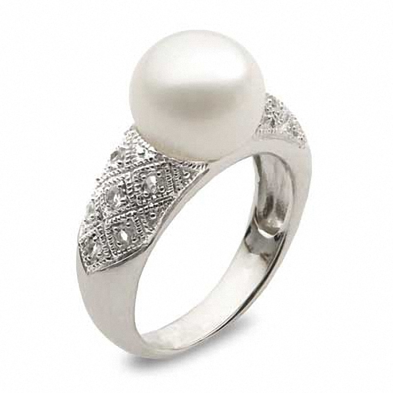 10.0 - 10.5mm Cultured Freshwater Pearl and White Topaz Ring in Sterling Silver