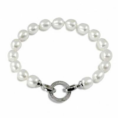 8" Cultured Fresh Water Pearl w/ Onyx Silver Charm Bracelet 