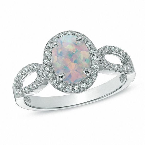 Oval Lab-Created Opal and White Sapphire Ring in Sterling Silver ...