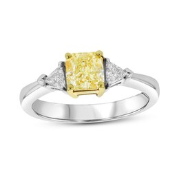 1-1/5 CT. T.W. Fancy Yellow and White Radiant-Cut Diamond Three Stone Ring in 18K Two-Tone Gold (SI1)