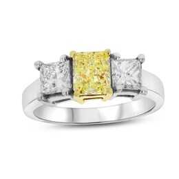 1-3/8 CT. T.W. Fancy Yellow and White Radiant-Cut Diamond Three Stone Ring in 18K Two-Tone Gold (SI1)