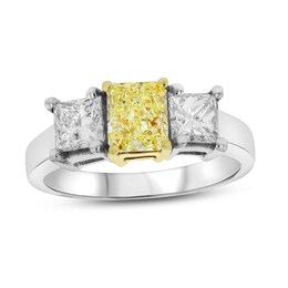 2 CT. T.W. Fancy Yellow and White Radiant-Cut Diamond Three Stone Ring in 18K Two-Tone Gold (SI1)