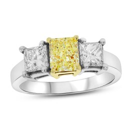 2-7/8 CT. T.W. Fancy Yellow and White Radiant-Cut Diamond Three Stone Ring in 18K Two-Tone Gold (SI2)