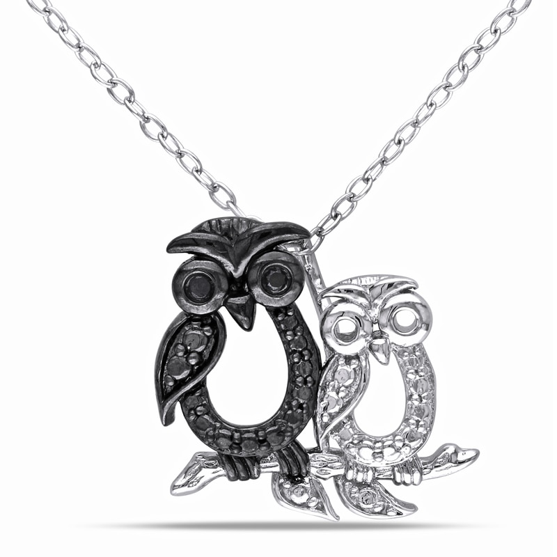 Black Diamond Accent Motherly Owl Pendant in Sterling Silver with Beaded Black Rhodium