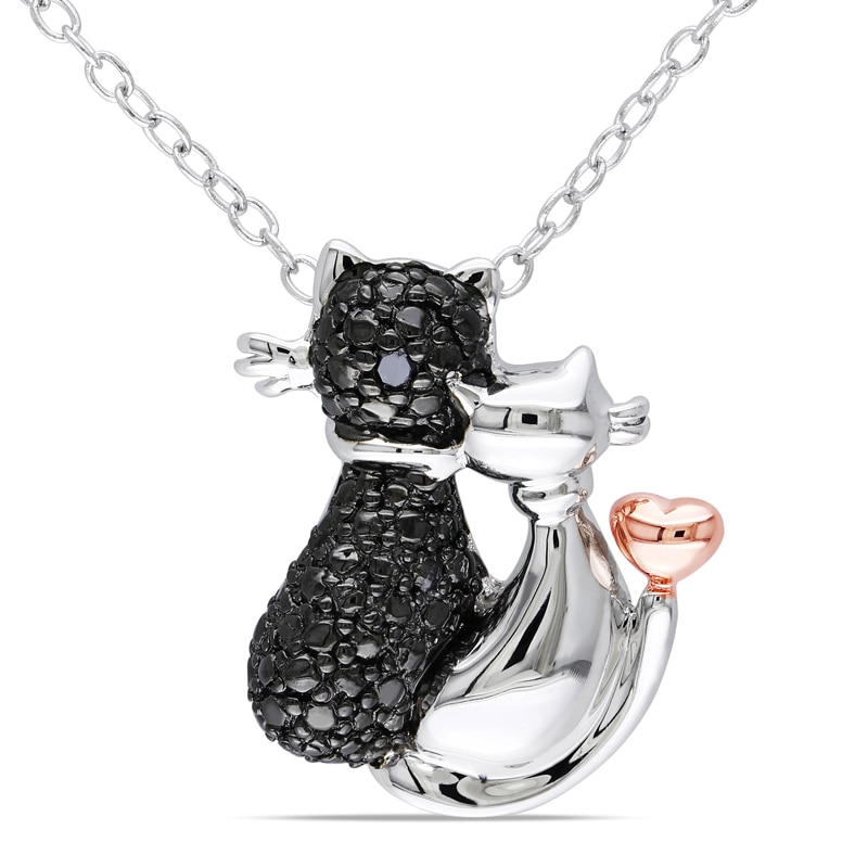 Main Image 1 of Black Diamond Accent Loving Cats Pendant in Two-Tone Sterling Silver with Beaded Black Rhodium