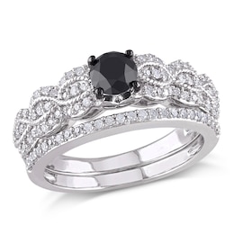 1 CT. T.W. Enhanced Black and White Diamond Vintage-Style Bridal Set in Sterling Silver