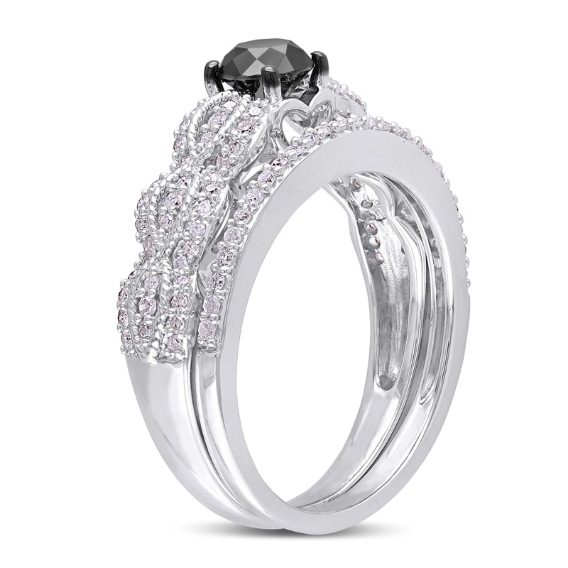 Main Image 2 of 1 CT. T.W. Enhanced Black and White Diamond Vintage-Style Bridal Set in Sterling Silver