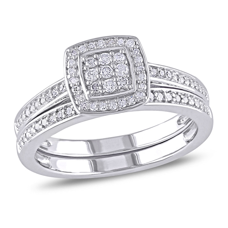 Main Image 1 of 1/4 CT. T.W. Diamond Square Cluster Bridal Set in Sterling Silver