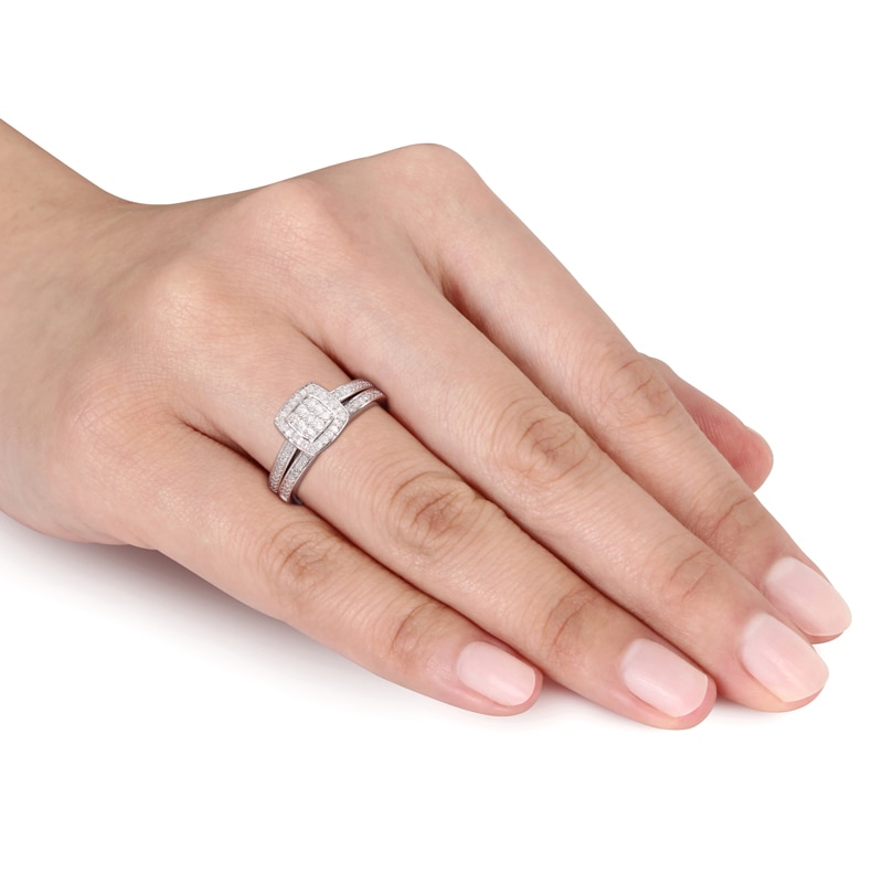 Main Image 3 of 1/4 CT. T.W. Diamond Square Cluster Bridal Set in Sterling Silver