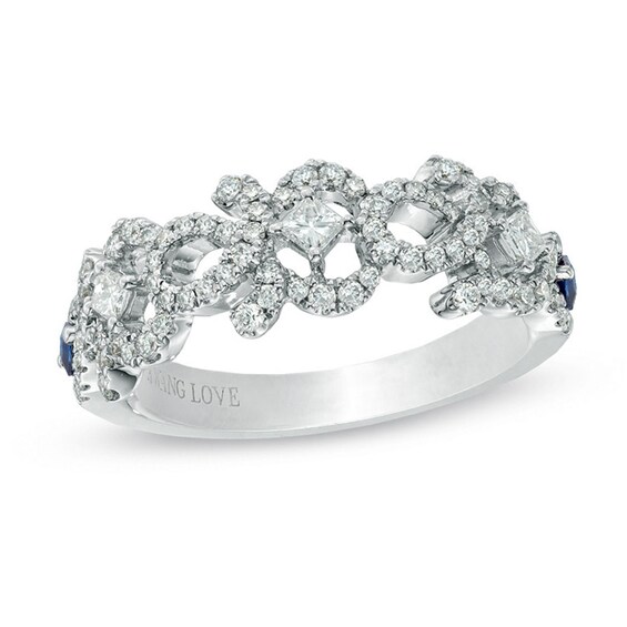 Vera Wang Love Collection 1/2 CT. T.w. Diamond and Blue Sapphire Curlique Band in 14K White Gold