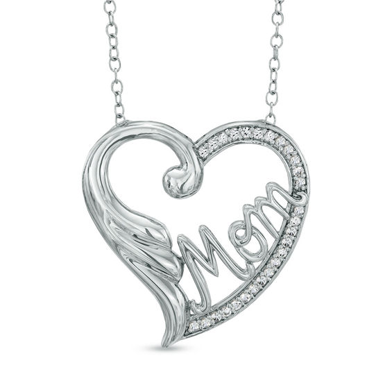Lab-Created White Sapphire Mom Flourish Heart Pendant in Sterling Silver
