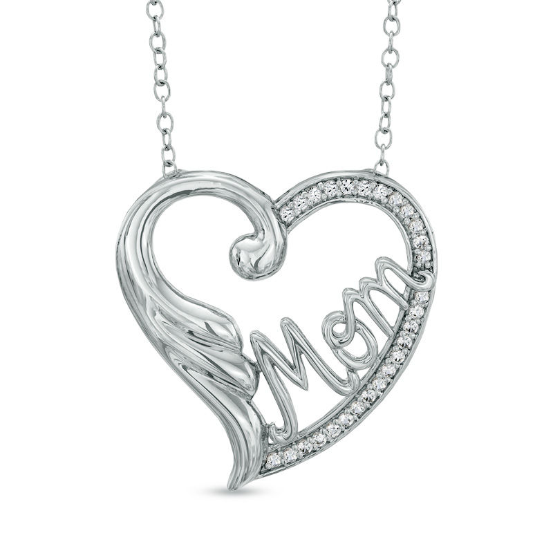 Main Image 1 of Lab-Created White Sapphire "MOM" Flourish Heart Pendant in Sterling Silver
