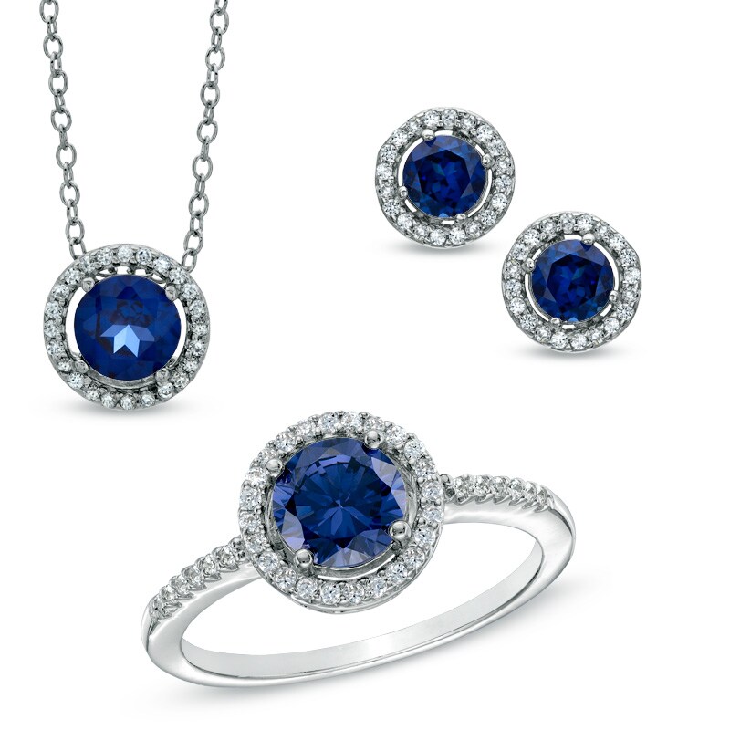 Main Image 1 of Lab-Created Blue and White Sapphire Pendant, Ring and Earrings Frame Set in Sterling Silver - Size 7