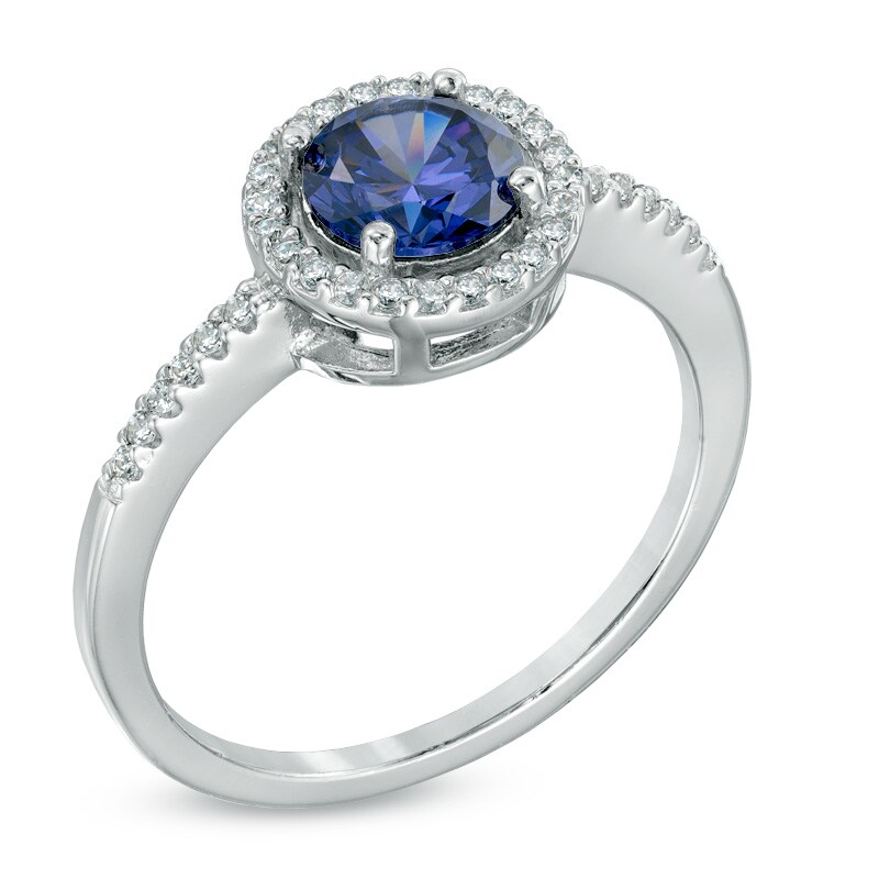 Main Image 2 of Lab-Created Blue and White Sapphire Pendant, Ring and Earrings Frame Set in Sterling Silver - Size 7