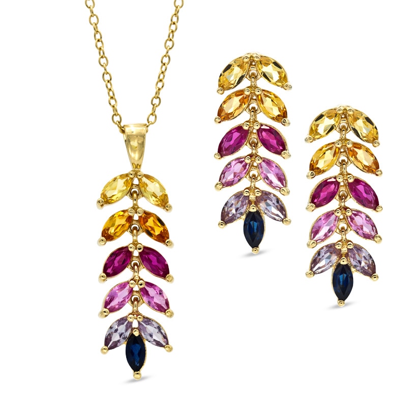 Main Image 1 of Marquise Lab-Created Multi-Gemstone Pendant and Drop Earrings Set in Sterling Silver with 18K Gold Plate
