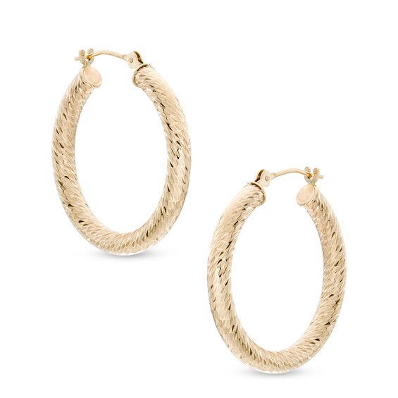 3.0 x 25mm Textured Hoop Earrings in 14K Gold