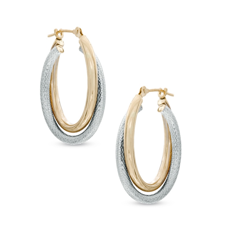 Oval Polished and Mesh Textured Double Hoop Earrings in 14K Two-Tone Gold