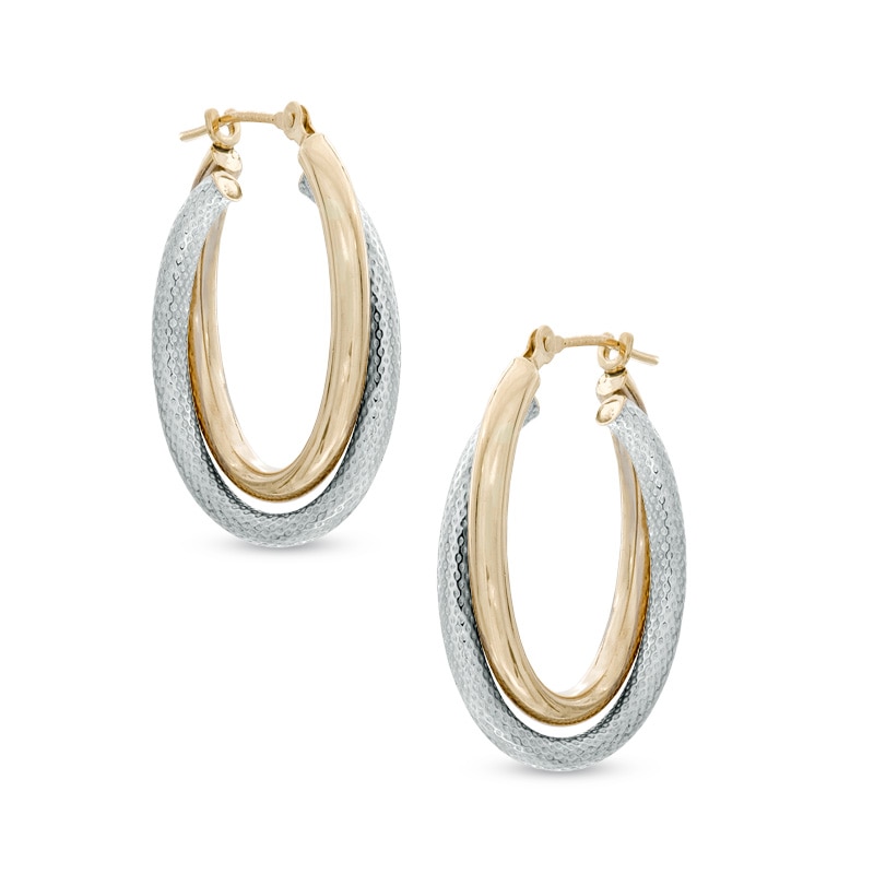 Main Image 1 of Oval Polished and Mesh Textured Double Hoop Earrings in 14K Two-Tone Gold