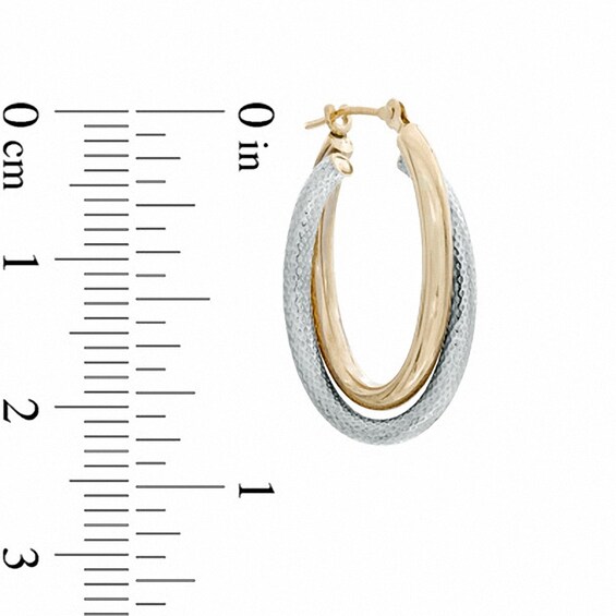 Oval Polished and Mesh Textured Double Hoop Earrings in 14K Two-Tone Gold