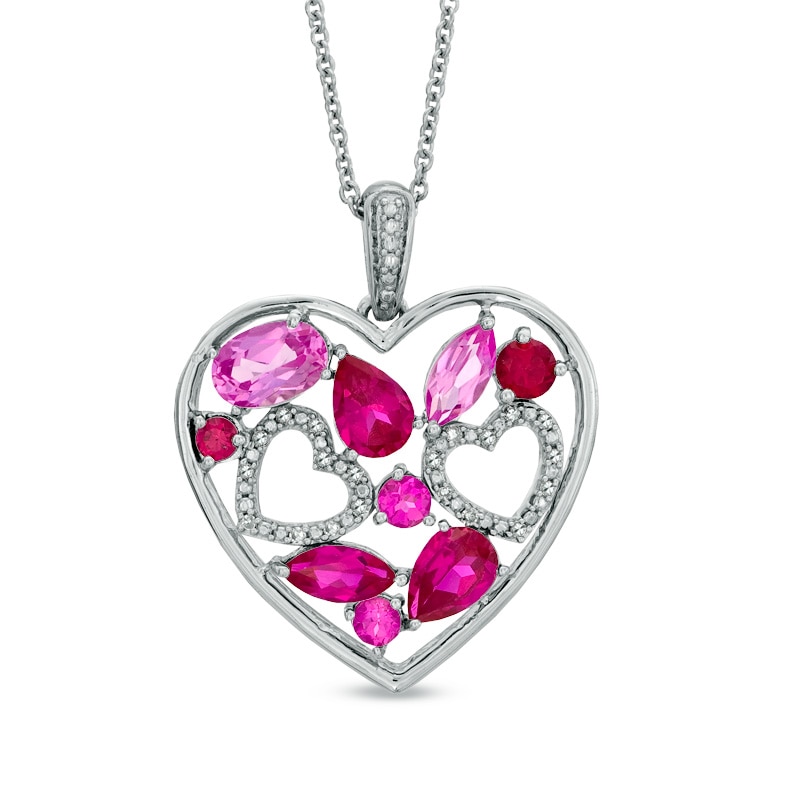 Main Image 1 of Lab-Created Ruby, Pink Sapphire and Diamond Accent Heart Pendant in Sterling Silver