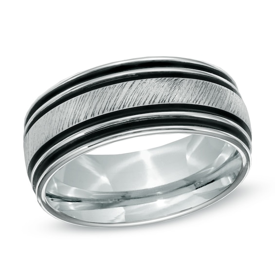 Triton 9.0mm Black Stripe White Tungsten Comfort Fit Wedding Band - Size 10