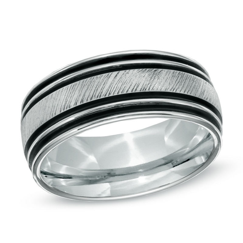 Main Image 1 of Triton 9.0mm Black Stripe White Tungsten Comfort Fit Wedding Band  - Size 10