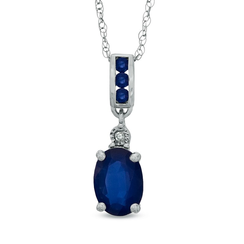 Main Image 1 of Oval Blue Sapphire and Diamond Accent Pendant in 10K White Gold