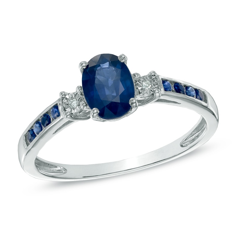 Main Image 1 of Oval Blue Sapphire and Diamond Accent Ring in 10K White Gold