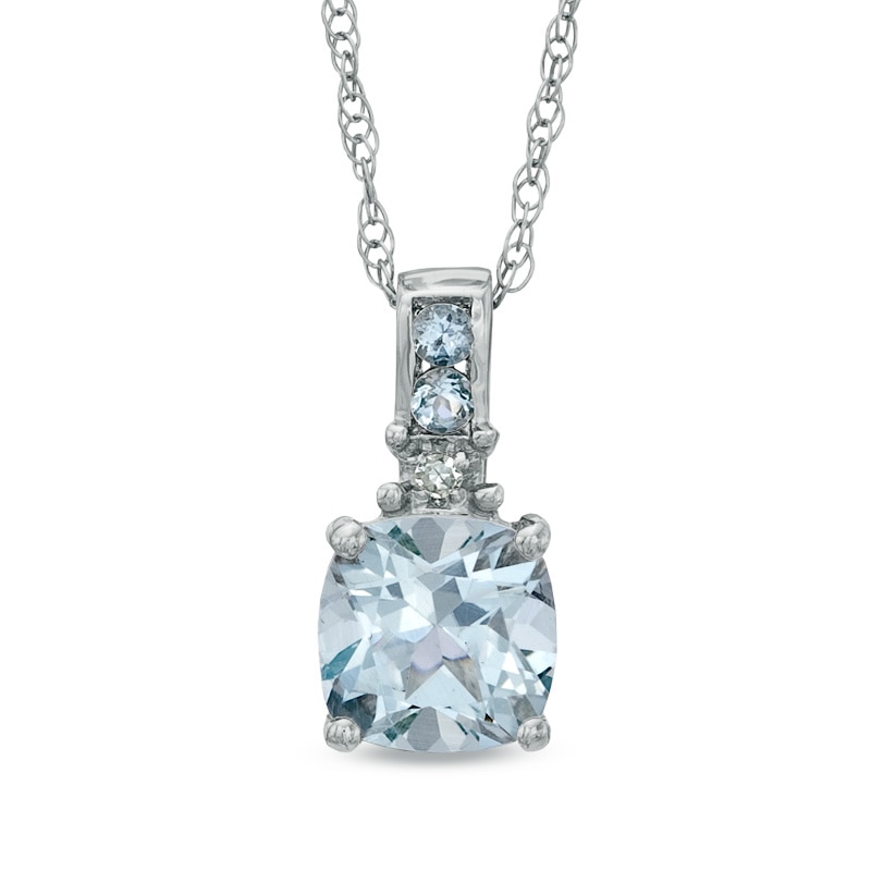 Main Image 1 of 6.0mm Cushion-Cut Aquamarine and Diamond Accent Pendant in 10K White Gold