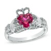 Thumbnail Image 1 of 7.0mm Heart-Shaped Lab-Created Ruby Claddagh Ring in Sterling Silver