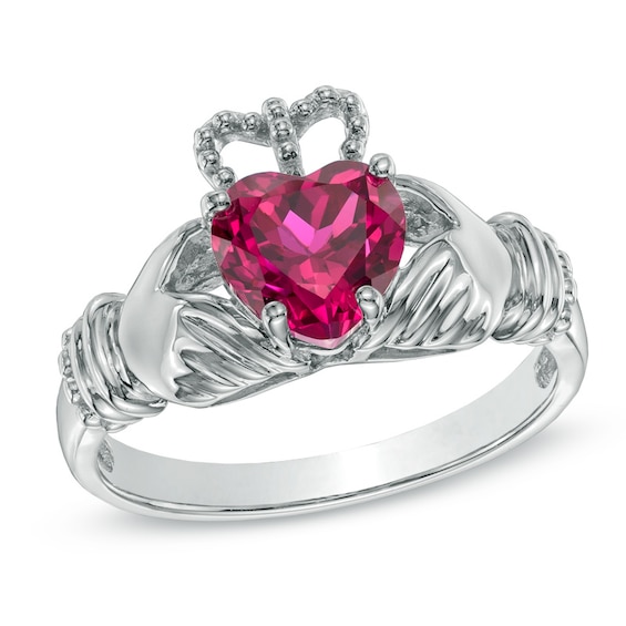 7.0mm Heart-Shaped Lab-Created Ruby Claddagh Ring in Sterling Silver