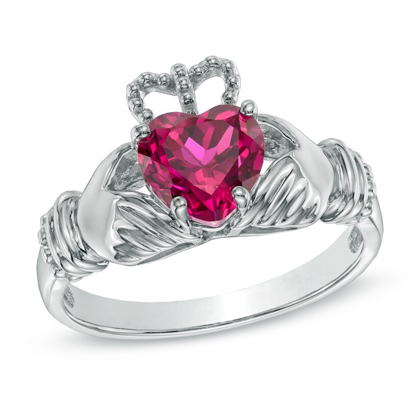 Main Image 1 of 7.0mm Heart-Shaped Lab-Created Ruby Claddagh Ring in Sterling Silver