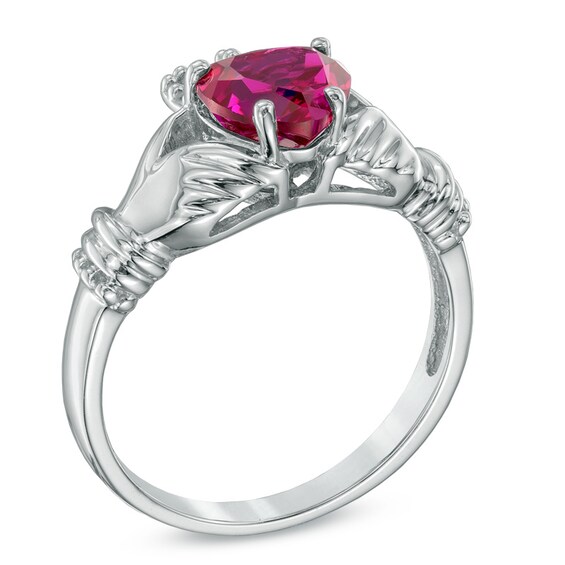 7.0mm Heart-Shaped Lab-Created Ruby Claddagh Ring in Sterling Silver