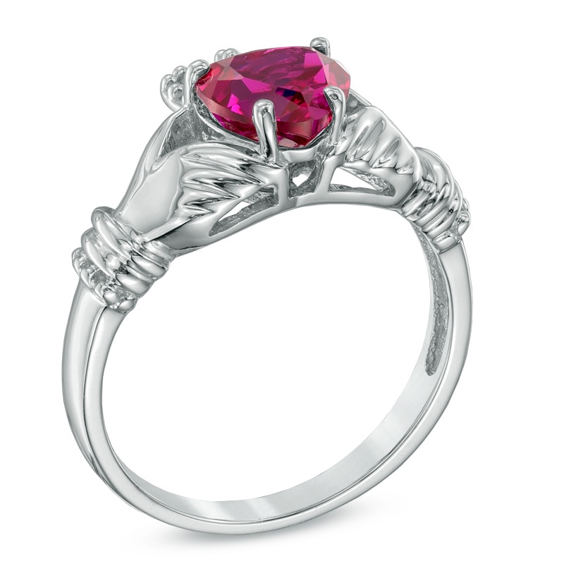 Main Image 2 of 7.0mm Heart-Shaped Lab-Created Ruby Claddagh Ring in Sterling Silver
