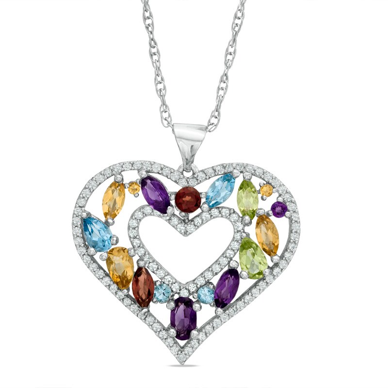 Main Image 1 of Multi-Gemstone and Lab-Created White Sapphire Heart Pendant in Sterling Silver