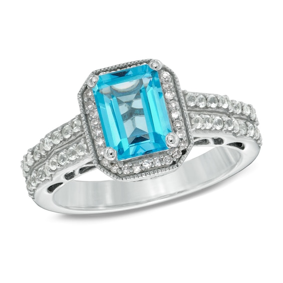 Octagonal Blue Topaz, Lab-Created White Sapphire and 1/10 CT. T.w. Diamond Ring in Sterling Silver