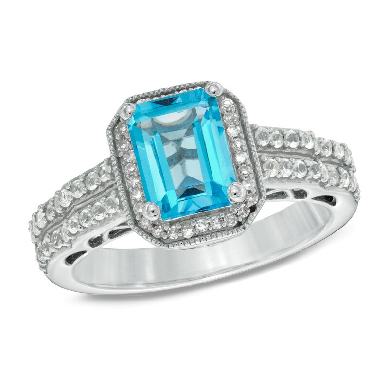 Main Image 1 of Octagonal Blue Topaz, Lab-Created White Sapphire and 1/10 CT. T.W. Diamond Ring in Sterling Silver