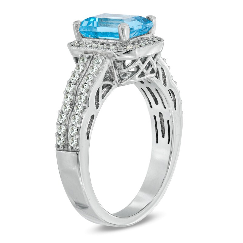 Main Image 2 of Octagonal Blue Topaz, Lab-Created White Sapphire and 1/10 CT. T.W. Diamond Ring in Sterling Silver