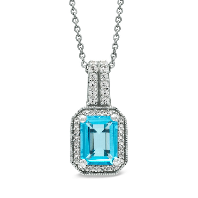Octagonal Blue Topaz, Lab-Created White Sapphire and 1/10 CT. T.W. Diamond Pendant in Sterling Silver