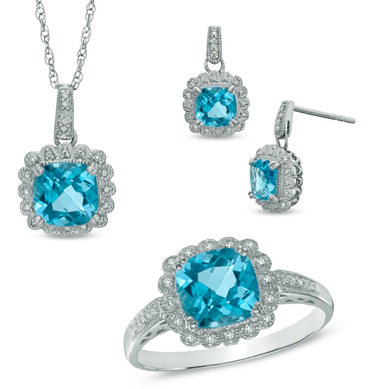 Main Image 1 of Swiss Blue Topaz and 1/10 CT. T.W. Diamond Pendant, Ring and Earrings Set in Sterling Silver - Size 7