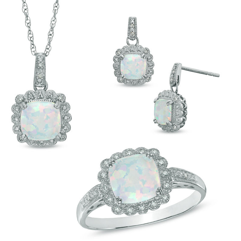 Main Image 1 of Lab-Created Opal and 1/10 CT. T.W. Diamond Pendant, Ring and Earrings Set in Sterling Silver - Size 7